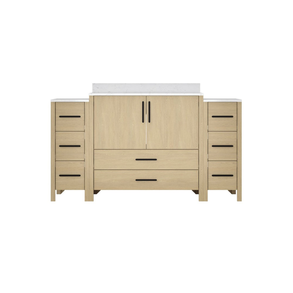 English Elm 108"w×22"d×34"h Freestanding Double Sink Vanity with White Countertop Soft Close T3785S00004