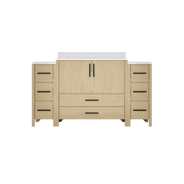 English Elm 108"w×22"d×34"h Freestanding Double Sink Vanity with White Countertop Soft Close T3785S00004