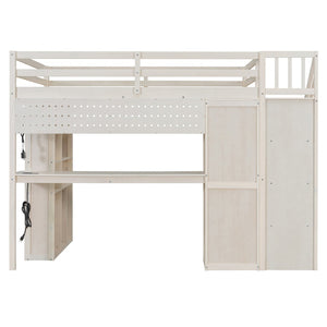 English Elm Full Loft Bed with Integrated Wardrobe Desk Shelving and Led Lighting for Teen Rooms Beige LT000927AAA