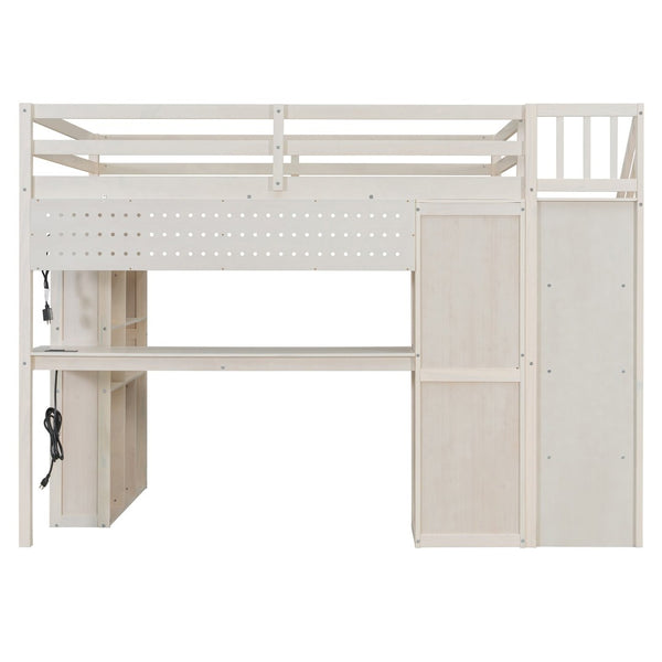 English Elm Full Loft Bed with Integrated Wardrobe Desk Shelving and Led Lighting for Teen Rooms Beige LT000927AAA
