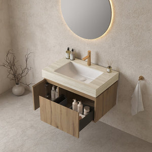 English Elm MURI Luxury Wall-Mounted 30" Bathroom Vanity with Sintered Stone Countertop and Ceramic Basin, Plywood Cabinet Beige,White Oak W2615S00332