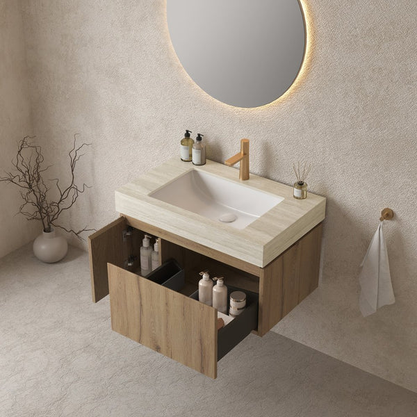 English Elm MURI Luxury Wall-Mounted 30" Bathroom Vanity with Sintered Stone Countertop and Ceramic Basin, Plywood Cabinet Beige,White Oak W2615S00332