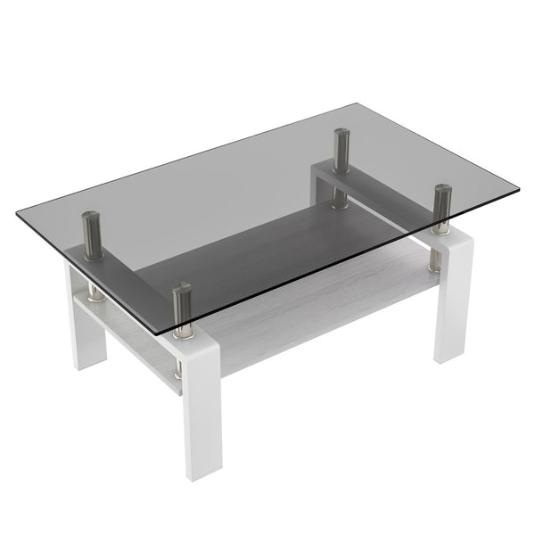 English Elm Rectangle Coffee Table With Gray Tempered Glass Top And Mdf Shelf – Modern Elegance For Living Room W241P181458-GIGA