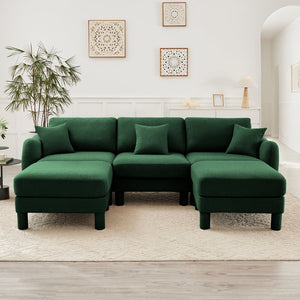 English Elm Boucle U-Shape Sectional Sofa With Shell Armrests & 2 Movable Ottomans For Modern Spaces, Green W3041S00310