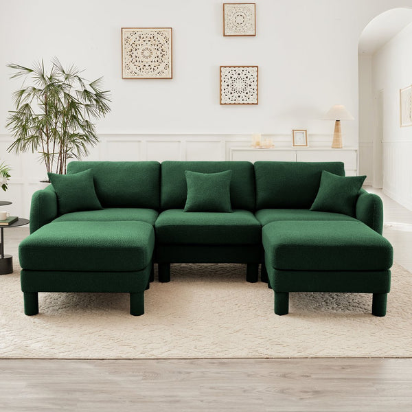 English Elm Boucle U-Shape Sectional Sofa With Shell Armrests & 2 Movable Ottomans For Modern Spaces, Green W3041S00310