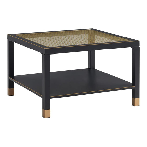 English Elm Industrial Square Coffee Table with Gold Mesh Tempered Glass Top and Matte Steel Legs Black+Gold W3587P456249
