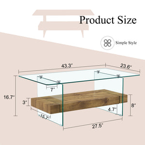 English Elm ectangular floating coffee table with two-tier storage, tempered glass legs, modern natural wood finish W2920P226066