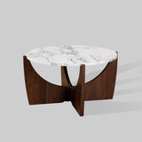 28" Round Coffee Table with Open Crossed Arch Base Calacatta Marble, Dark Walnut LNAL1K2CMDW Walker Edison