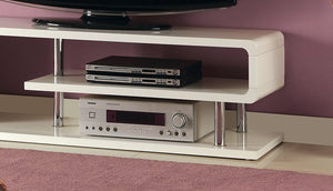 English Elm Contemporary Curved Shelving TV Console with Chrome Poles, High Gloss Lacquer Finish, Sleek Design White 60 L x 19 W x 7 H B2741P361976