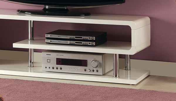 English Elm Contemporary Curved Shelving TV Console with Chrome Poles, High Gloss Lacquer Finish, Sleek Design White 60 L x 19 W x 7 H B2741P361976