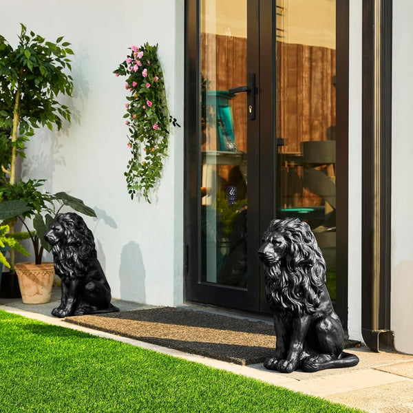 English Elm 20.5" Matte Resin Lion Sculpture Hand Carved Guardian Statue for Garden or Entryway Black W5709P490971