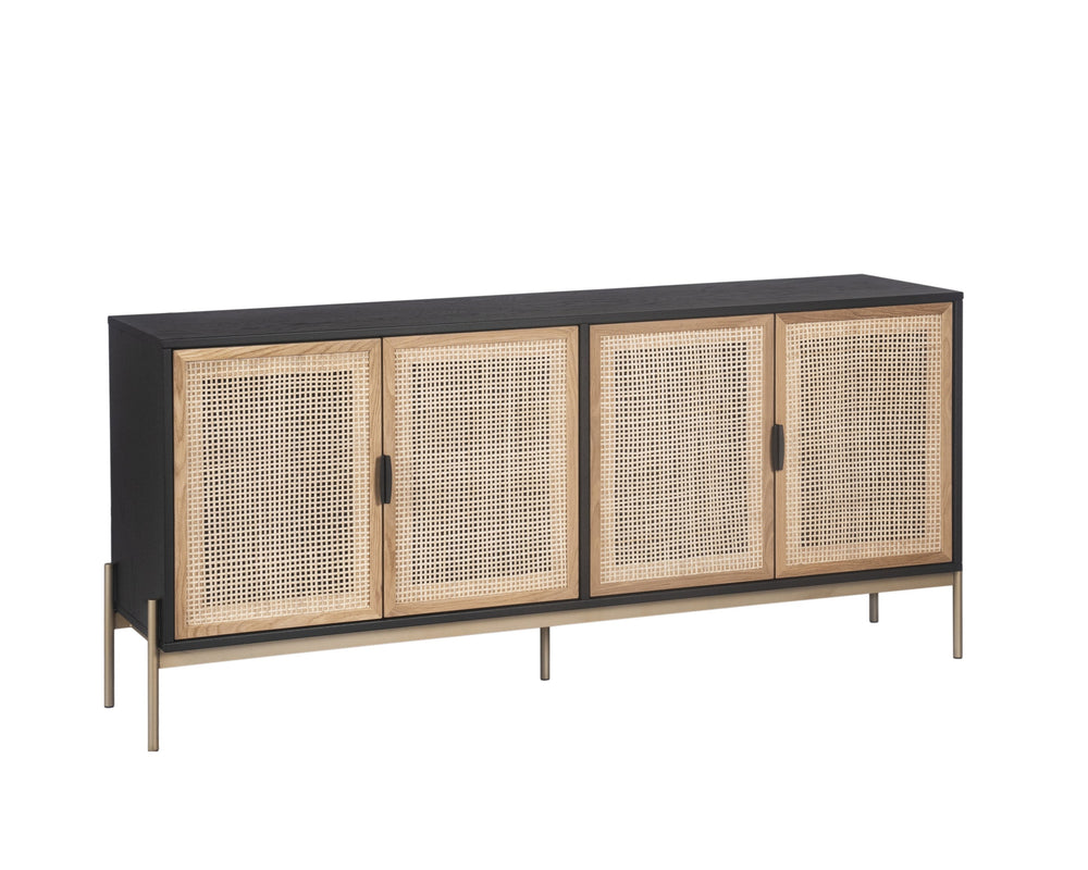 Sunpan Avida Artisan Sideboard: Handcrafted Rattan & Black Oak Design with Gold Accents for Stylish Storage Large - 71.75W x 18.5D x 32.5H