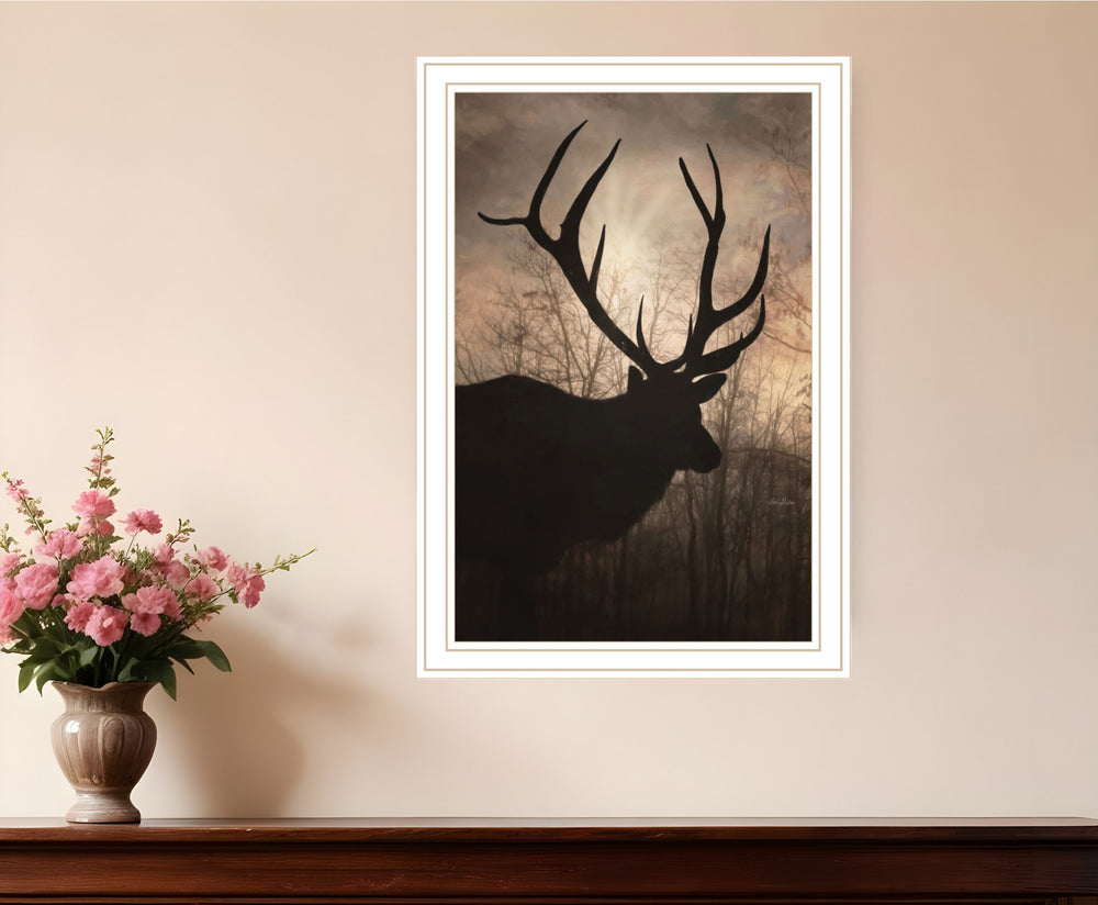 Homeroots Elk Sunrise White Framed Print Wall Art White Wood 530015