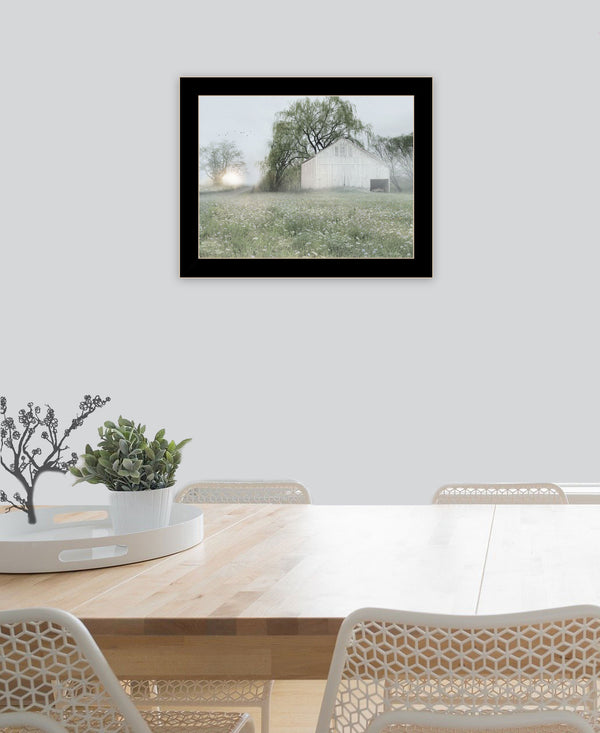 Homeroots Green Country Morning Framed Print Wall Art - Rustic Decorative Accent For Modern Farmhouse Style Black Wood 530029