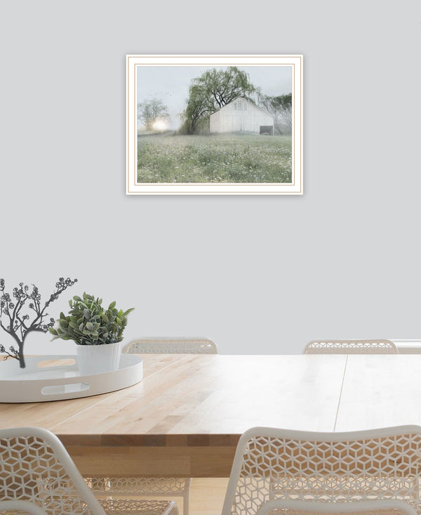 Homeroots Green Country Morning Framed Print Wall Art - Rustic Decorative Accent For Modern Farmhouse Style White Wood 530031