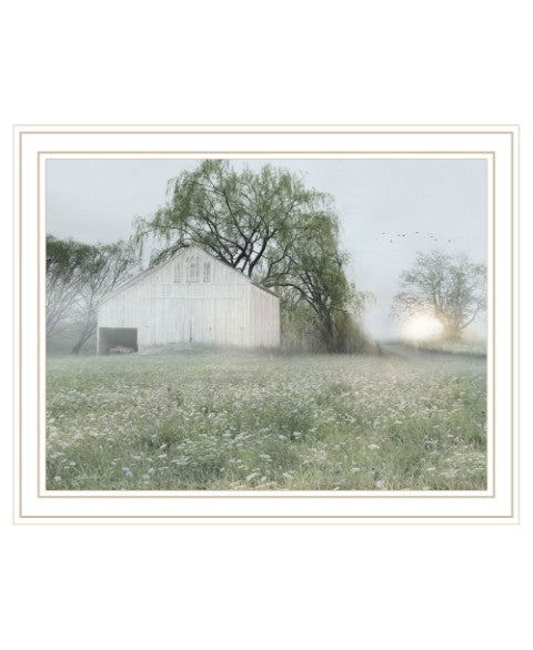 Homeroots Green Country Morning Framed Print Wall Art - Rustic Decorative Accent For Modern Farmhouse Style White Wood 530031