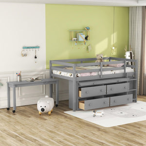 English Elm Twin Loft Bed Pinewood Frame Four Drawers Retractable Study Desk Kids Bedroom Gray LT000368AAE