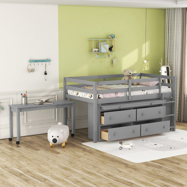English Elm Twin Loft Bed Pinewood Frame Four Drawers Retractable Study Desk Kids Bedroom Gray LT000368AAE