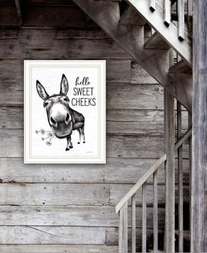 Homeroots Hello Sweet Cheeks Donkey Framed Print Wall Art For Trendy Bathroom Decor And Rustic Charm White Wood 530071