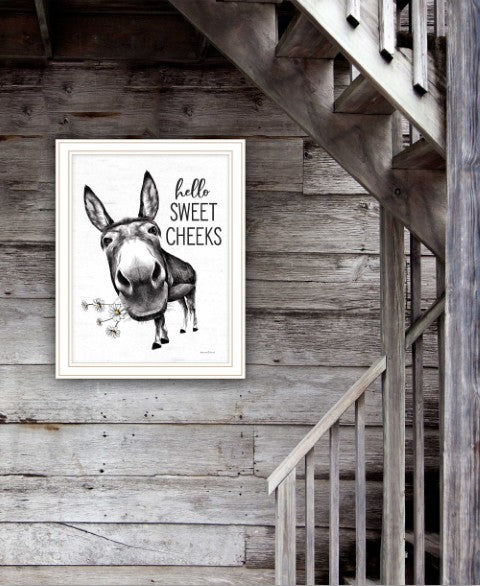 Homeroots Hello Sweet Cheeks Donkey Framed Print Wall Art For Trendy Bathroom Decor And Rustic Charm White Wood 530071