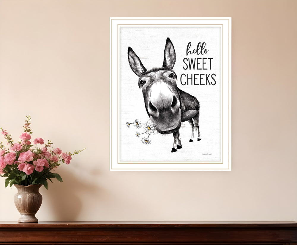 Homeroots Hello Sweet Cheeks Donkey Framed Print Wall Art For Trendy Bathroom Decor And Rustic Charm White Wood 530071