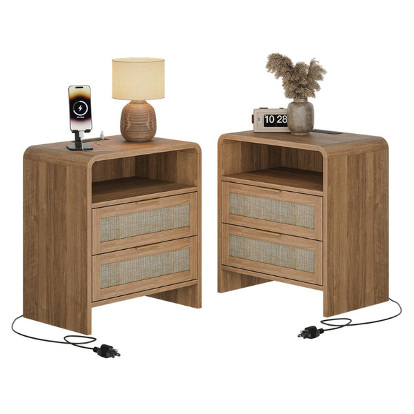 English Elm Rattan Drawer Nightstand Set with Built-in Charging Station and Open Shelf Bedroom Storage Caramel W1820P414047