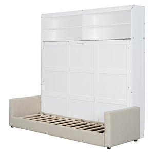 English Elm Queen Murphy Wall Bed with Linen Sofa for Studio and Small Space Living White LP000892AAK