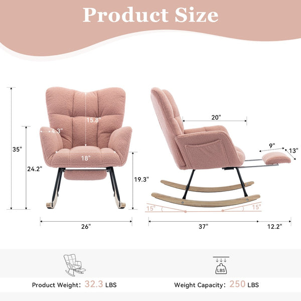 English Elm 067-teddy Fabric High Back Nursery Rocking Chair with Adjustable Footrest and Storage Pocket Pink W527P420900