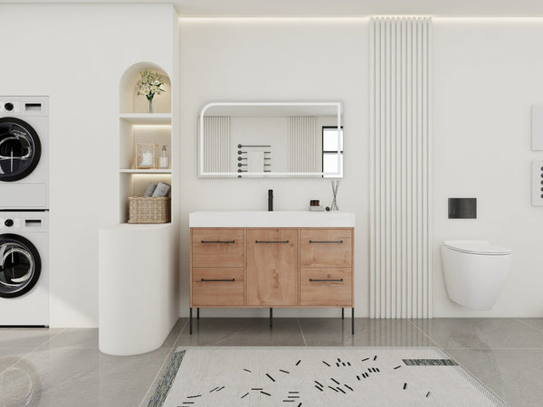 English Elm 48" Floating Bathroom Vanity Dual Ceramic Vessel Sinks Oak Finish Soft Close Doors W999S00527