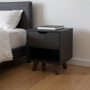 HomeRoots 19" Black Wood Nightstand with Drawer & Open Shelf - Stylish Compact Bedside Storage for Small Spaces 530198