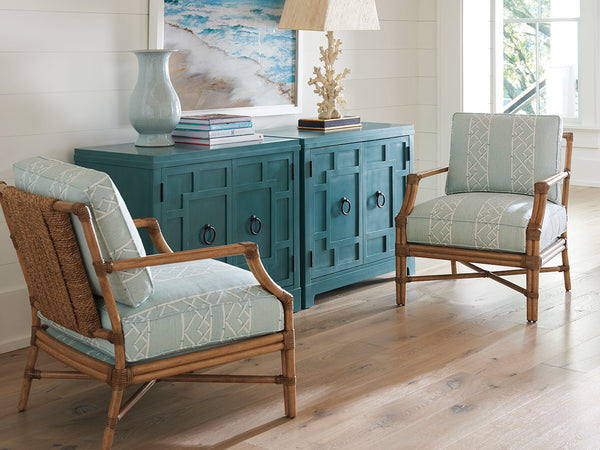 Lexington Barclay Butera Collins Bachelors Chest - Coastal-inspired Geometric Fretwork With Adjustable Shelves & Wire Management Seaglass  923-624