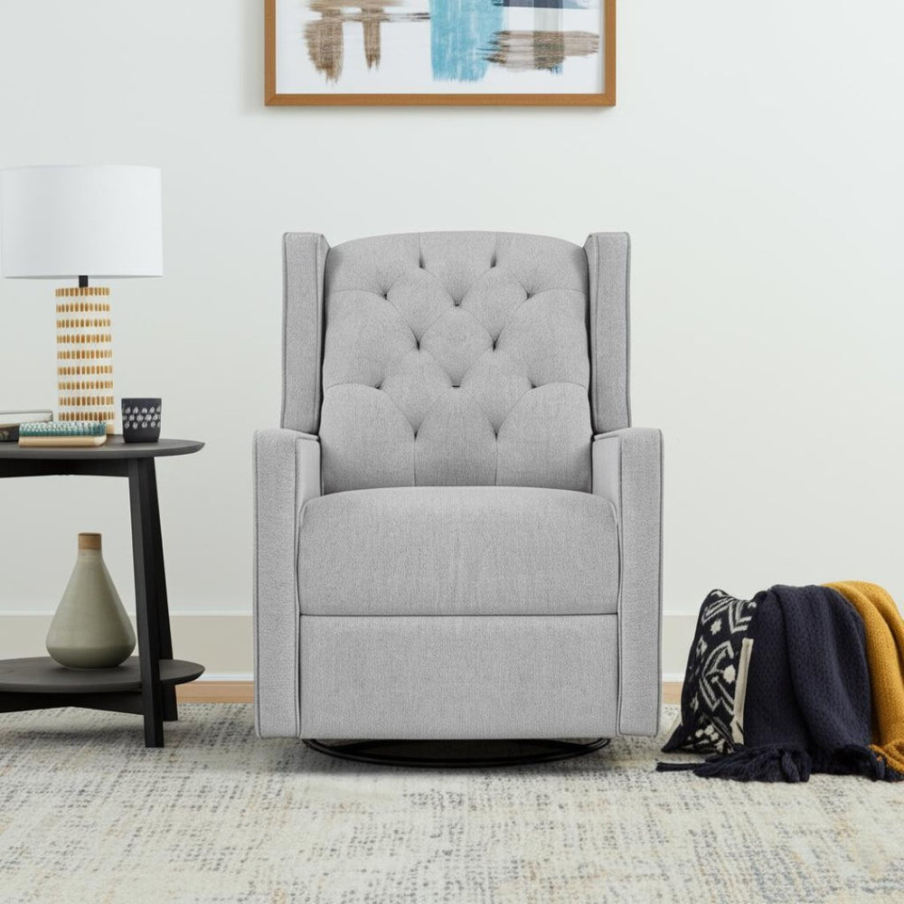 HomeRoots 37" Gray Tufted Wingback Recliner Chair - Swivel, Glide & Manual Recline for Ultimate Comfort! 530210