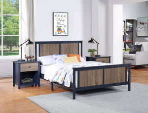 HomeRoots Blue Reversible Inlaid Panels Solid Wood Full Bed Frame – Modern Design, Durable, Versatile Style! 530213