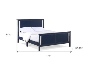 HomeRoots Blue Reversible Inlaid Panels Solid Wood Full Bed Frame – Modern Design, Durable, Versatile Style! 530213