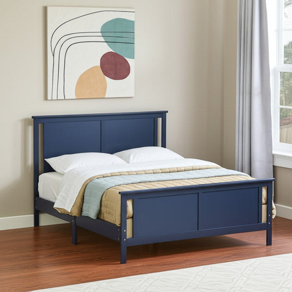 HomeRoots Blue Reversible Inlaid Panels Solid Wood Full Bed Frame – Modern Design, Durable, Versatile Style! 530213