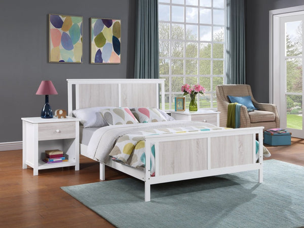 HomeRoots White Reversible Inlaid Panels Solid Wood Full Bed Frame - Versatile Style, Durable Comfort & Support 530214