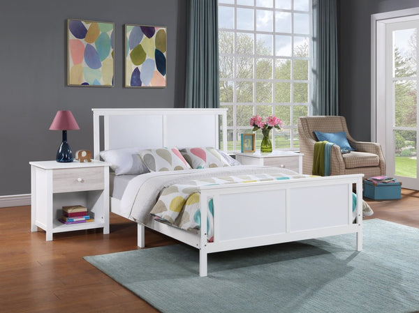 HomeRoots White Reversible Inlaid Panels Solid Wood Full Bed Frame - Versatile Style, Durable Comfort & Support 530214