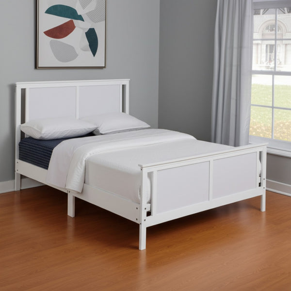HomeRoots White Reversible Inlaid Panels Solid Wood Full Bed Frame - Versatile Style, Durable Comfort & Support 530214