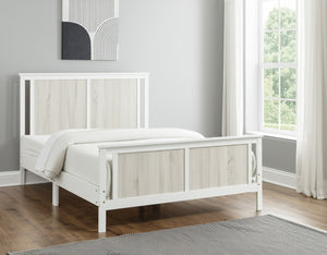 HomeRoots White Reversible Inlaid Panels Solid Wood Full Bed Frame - Versatile Style, Durable Comfort & Support 530214