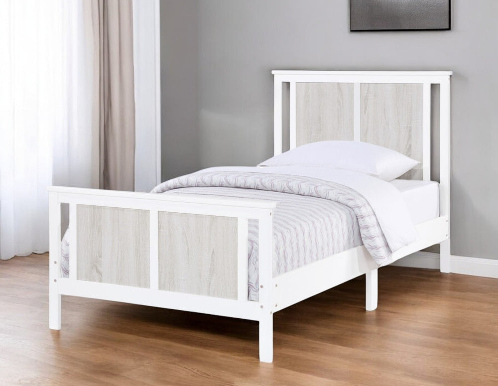 HomeRoots White Reversible Solid Wood Twin Bed Frame - Versatile Walnut Design for Stylish Bedrooms & Storage 530218