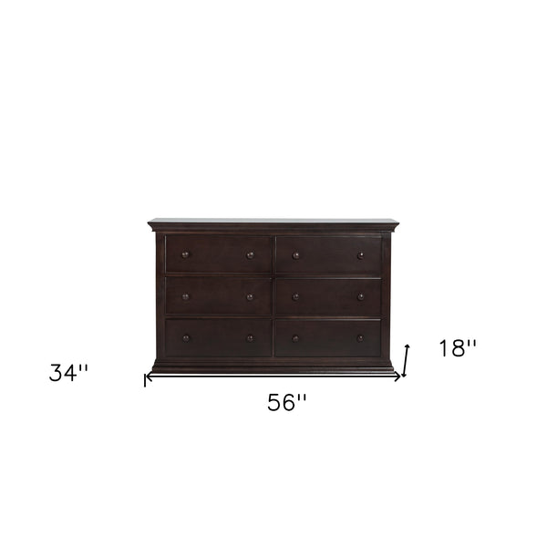 Homeroots 56" Espresso Solid And Manufactured Wood Six Drawer Double Dresser  Solid And Manufactured Wood 530244
