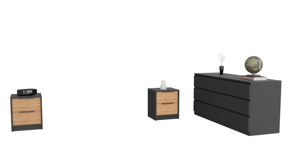 HomeRoots Three Piece Modern Brown and Black Bedroom Set - Stylish Storage Nightstand & Dresser Combo 530257