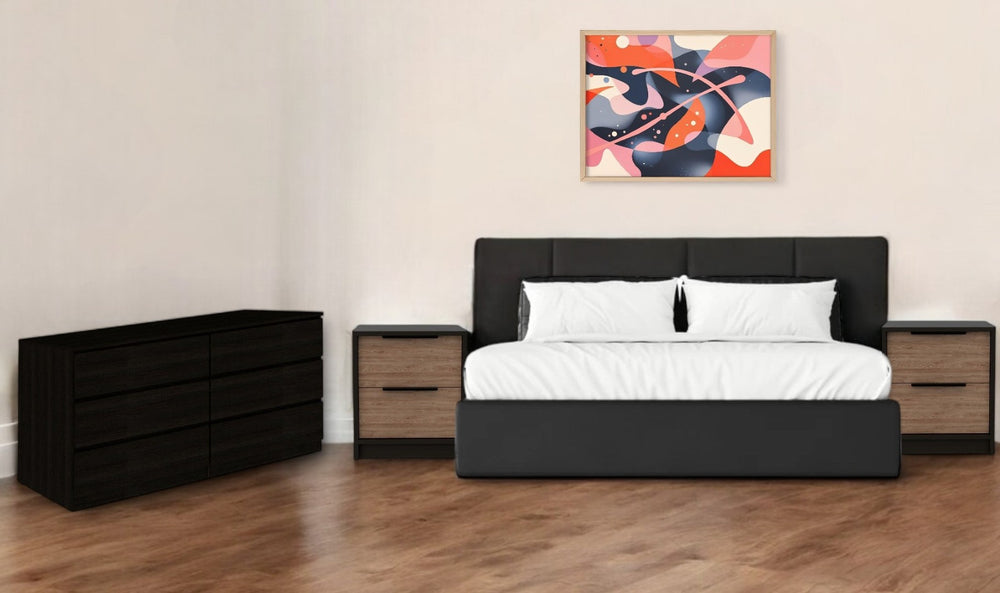 HomeRoots Three Piece Modern Brown and Black Bedroom Set - Stylish Storage Nightstand & Dresser Combo 530257