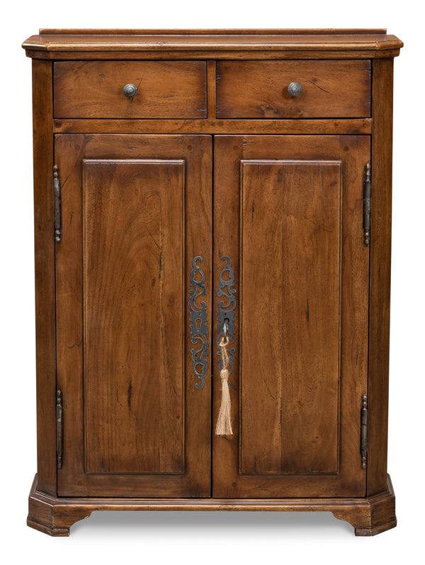Sarreid Innsbruck Cabinet - Solid Acacia Wood With Elegant Fruitwood Finish & Iron Key Escutcheon Plate Brown  53025