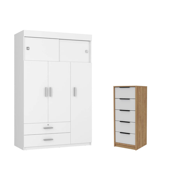 HomeRoots Two Piece White and Natural Bedroom Set - Stylish Dresser & Armoire for Modern, Organized Spaces 530267