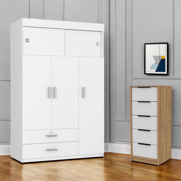 HomeRoots Two Piece White and Natural Bedroom Set - Stylish Dresser & Armoire for Modern, Organized Spaces 530267