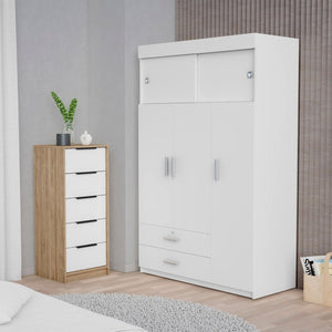 HomeRoots Two Piece White and Natural Bedroom Set - Stylish Dresser & Armoire for Modern, Organized Spaces 530267