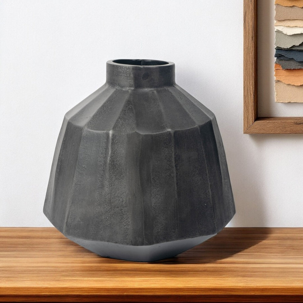 HomeRoots 11" Gray Geometric Round Aluminum Table Vase - Modern Accent for Home Decor & Floral Arrangements 530282