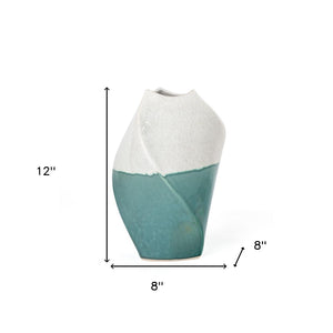 Homeroots 12" Green And Ivory Ombre Wavy Ceramic Table Vase  Ceramic 530285