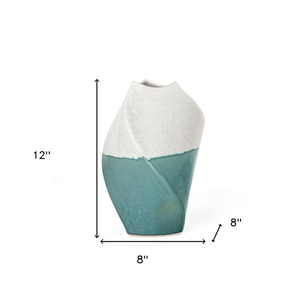 Homeroots 12" Green And Ivory Ombre Wavy Ceramic Table Vase  Ceramic 530285